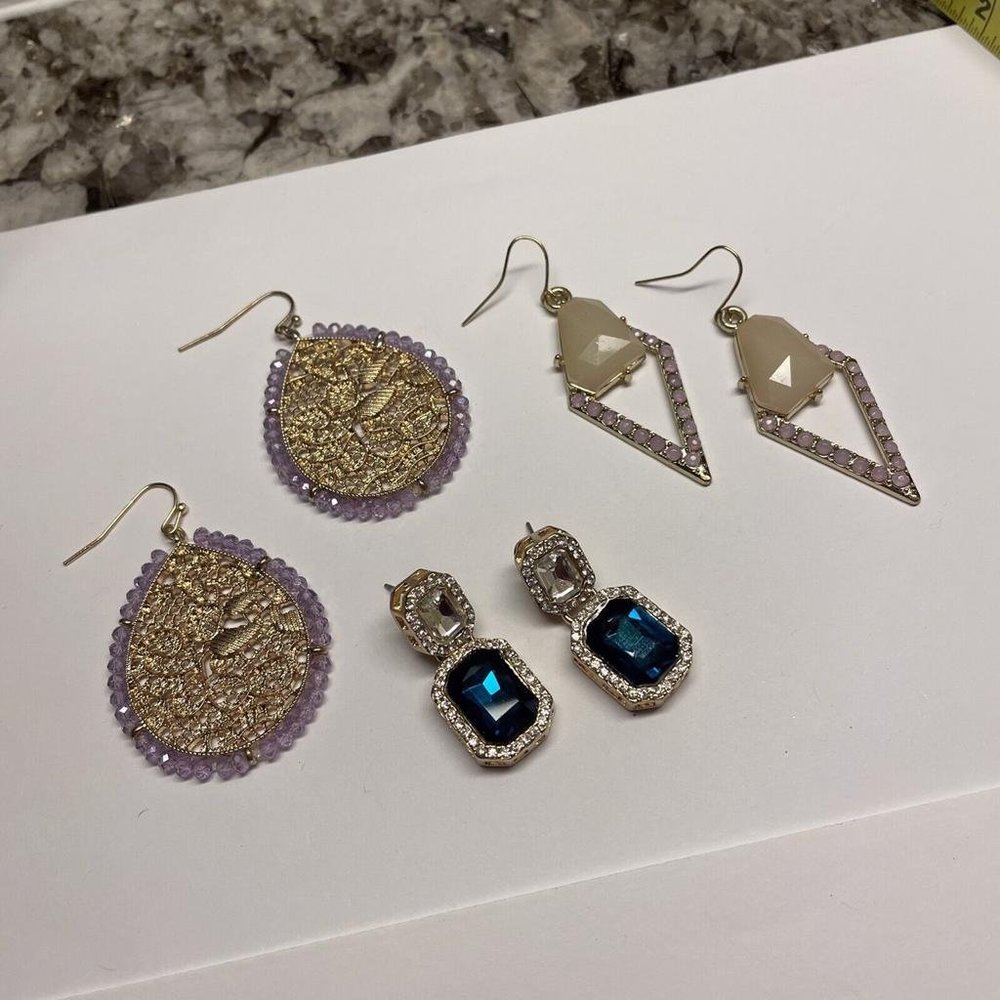 Lot Of 3 Costume Earrings Pierced Gold Tone Dangle - Bead / Rhinestone Etc